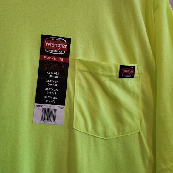 NEW Wrangler Workwear Neon Yellow Florescent Short Sleeve Pocket Tee T Shirt XLT - Picture 3 of 9